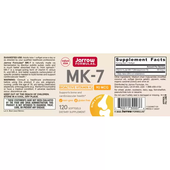 K - MK7 90mcg 120 softgels - menaquinon vitamine K2, voor sterkere botten en elastische aders | Jarrow Formulas