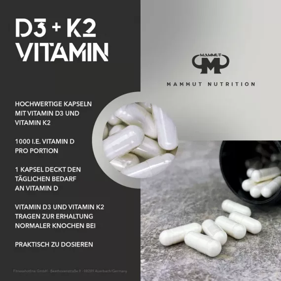 D+K - Vitamin D3 1000iu + K2 25mcg 90 capsules for improved immunity | Mammut Nutrition