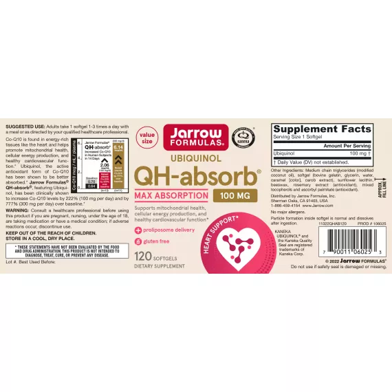 QH-Absorb 100mg 120 softgels - ubiquinol (gereduceerd co-enzym Q10) voor een vitaal hart | Jarrow Formulas
