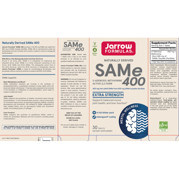 SAM-e 400mg 30 tabletten - S-Adenosyl Methionine  voor betere weerstand en ontgifting | Jarrow Formulas