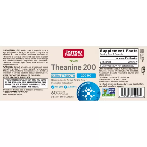 Theanine 200mg 60 capsules for relaxation and enhanced learning ability | Jarrow Formulas