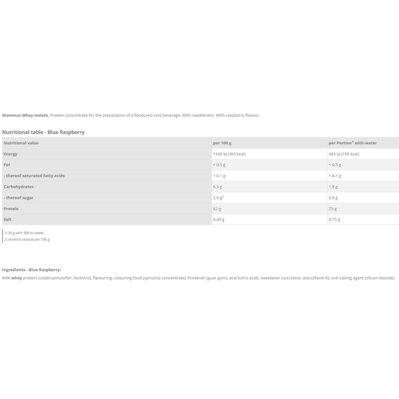 Whey Isolate 460g blue raspberry - wei-eiwitisolaat in frambozensmaak | Mammut Nutrition
