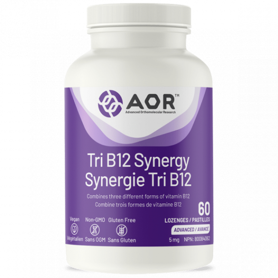 B12 - Tri B12 Synergy 60 zuigtabletten, combineert 3 verschillende soorten vitamine B12 (methylcobalamine, hydroxycobalamine, adenosylcobalamine) | AOR