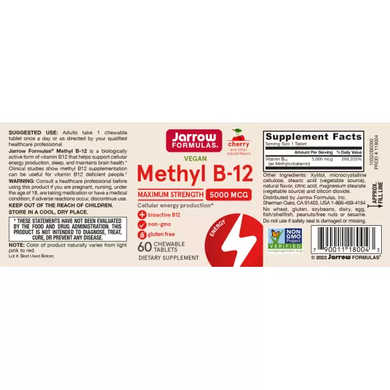 B12 - Methylcobalamine 5000mcg 60 zuigtabletten kersensmaak - de hersenvitamine voor energie, geheugen, stemming, slaap en prestaties | Jarrow Formulas