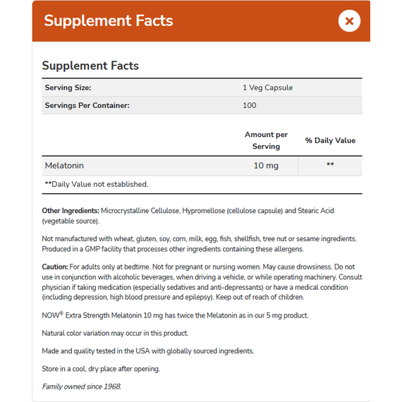 Melatonin Extra Strength 10mg 100 capsules - highly dosed melatonin for quick absorption | NOW Foods