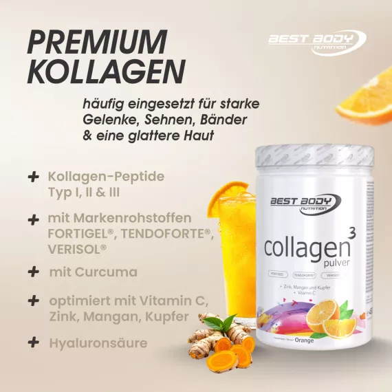 Collagen³ 450g Orange - collageen met toegevoegd hyaluronzuur, vitamine C en mineralen voor sterkere gewrichten | Best Body
