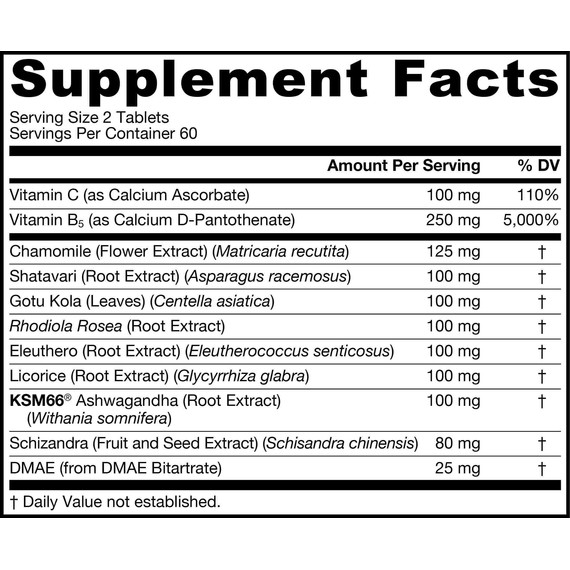 Adrenal Optimizer 120 tablets - chamomile, shativari, ashwagandha, gotu kola, rhodiola, Siberian ginseng, licorice root, schizandra, DMAE | Jarrow Formulas