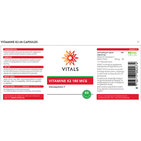 K - MK7  180mcg 60 v-capsules - menaquinone vitamin K2 | Vitals