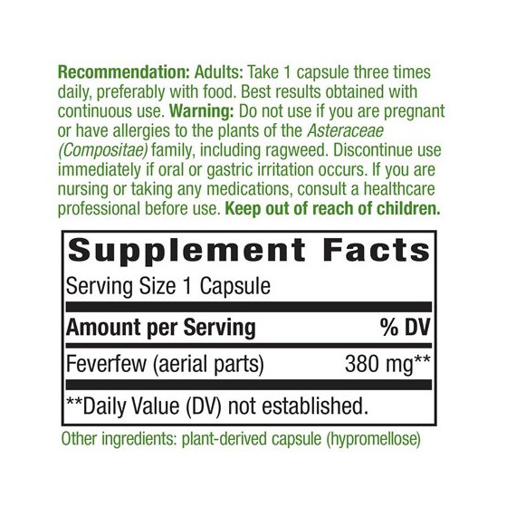 Feverfew Leaves 380mg 100 caps - moederkruid met 0,7% parthenolide | Nature's Way