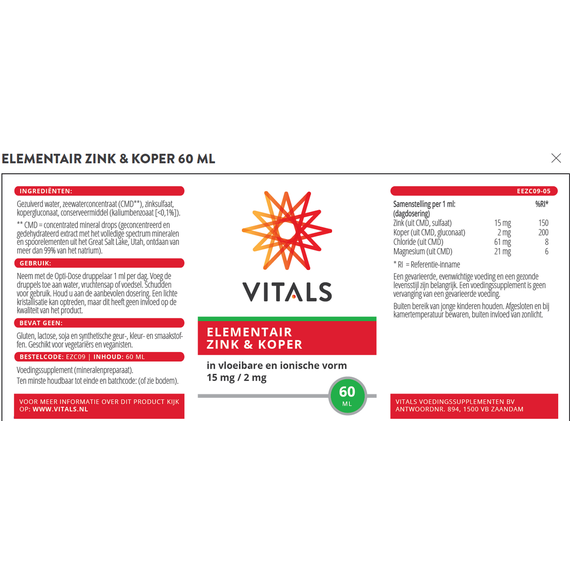 Zink & Koper 60ml - 15mg elementair zink en 2mg koper als vloeistof in ionische vorm | Vitals