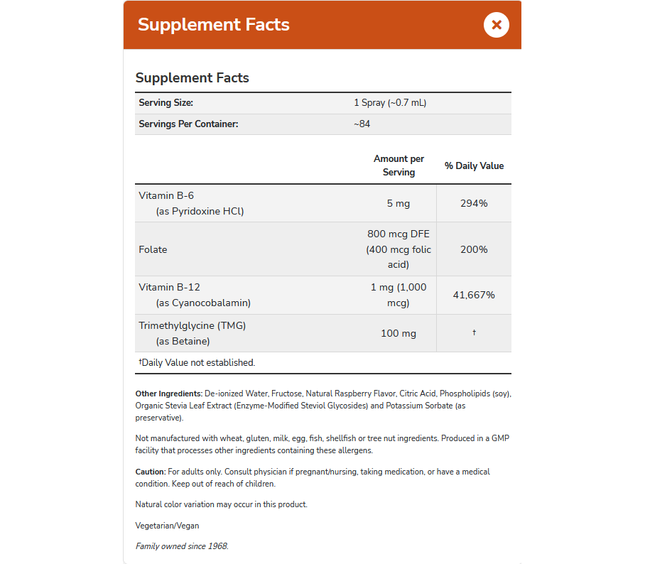 B B12 Liposomal Spray liquid vitamin B12 with folic acid, TMG and