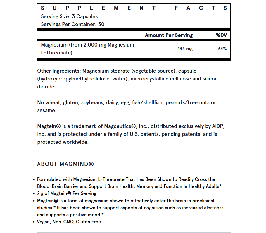 MagMind 90 capsules magnesium Lthreonate for the brain Jarrow Formulas